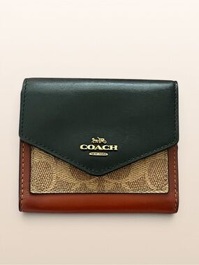 Coach Small Trifold Wallet Colorblock in Black, Brown & Signature Canvas